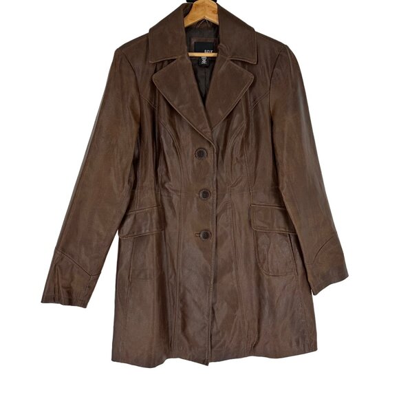 a.n.a Jackets & Blazers - A.N.A Vintage Chocolate Brown Genuine Leather Button Front Mid Length Coat Sz M